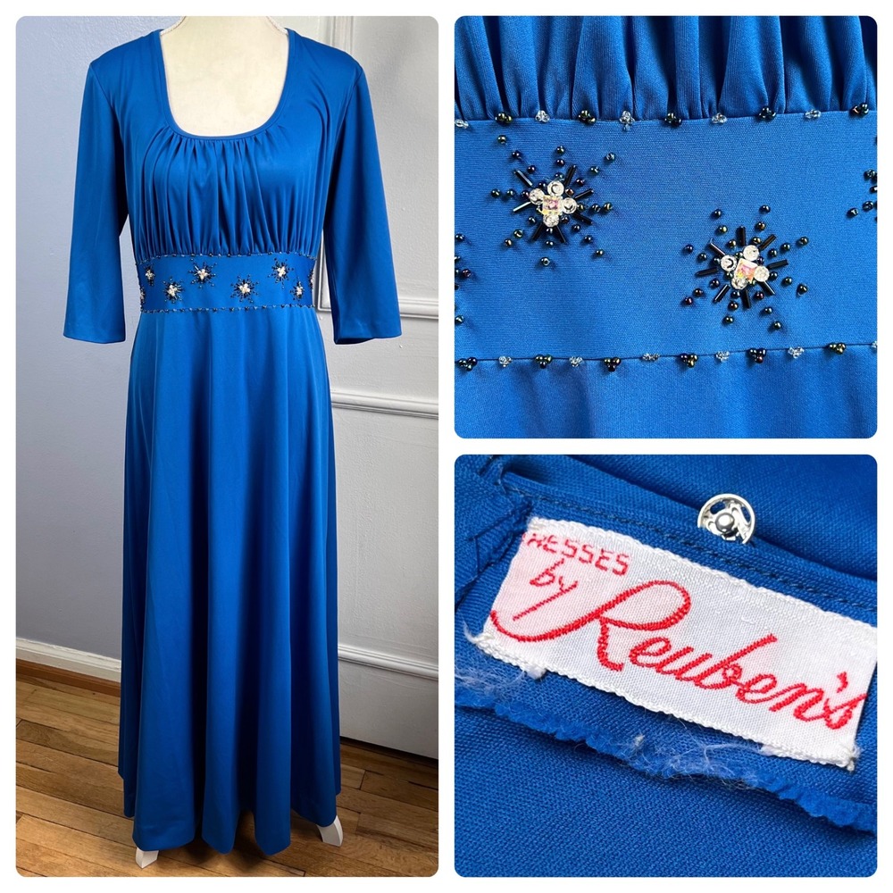 Vintage 60s/70s‎ Reuben's Maxi Dress Scoop Glass Beading Sapphire Blue Medium